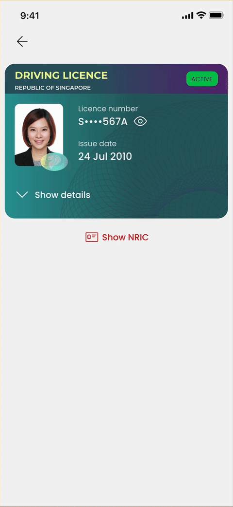 Gif showing the primary ID card opening underneath the driving license when the Show NRIC button is tapped